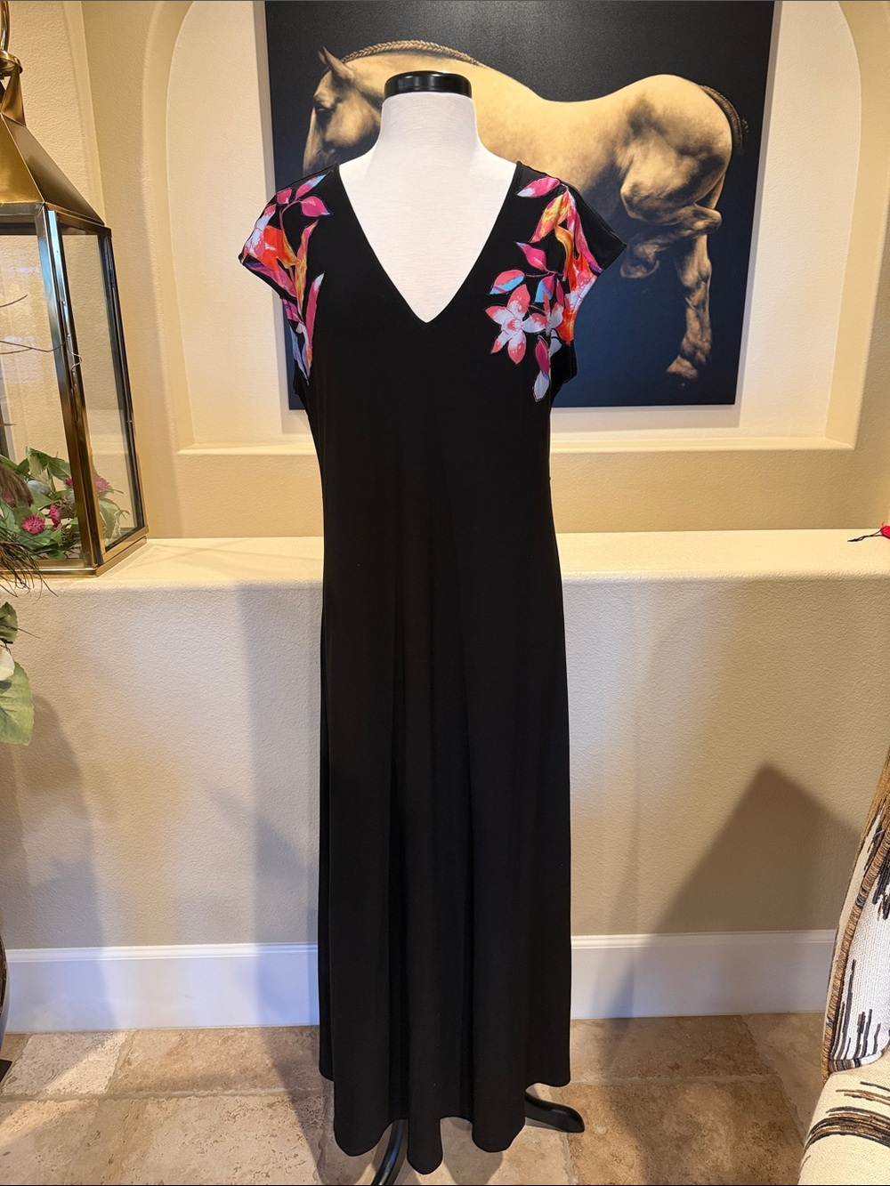 Natori Black Maxi Dress with Pink & Coral Floral Shoulders